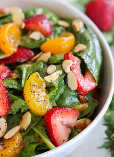 Fresh spinach, strawberries, mandarin oranges and sliced almonds make up this delicious Strawberry Spinach Salad.