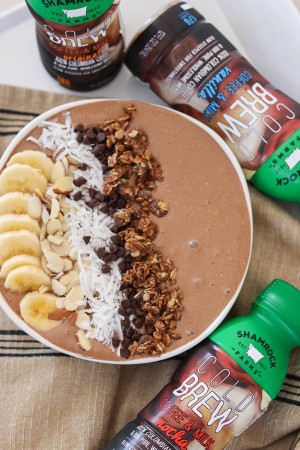 Shamrock Farms Cold Brew Coffee & Milk make this Banana Mocha Smoothie Bowl a great way to start your day!