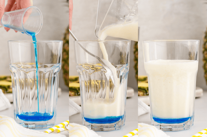 Pouring a Blue Ocean Cocktail into a glass.