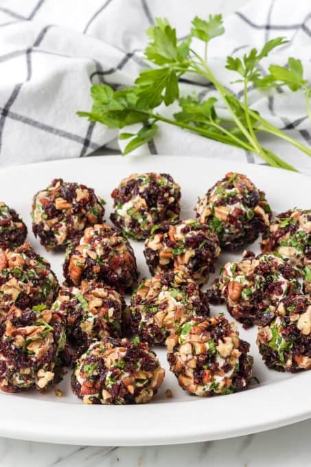 Goat Cheese Bites with pecans, dried cranberries and parsley.