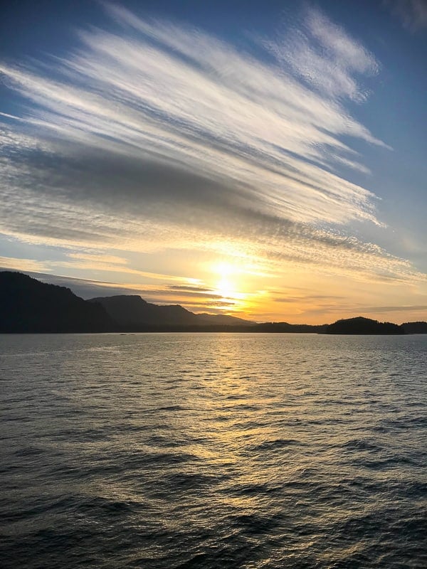 View of an Alaskan sunset of Princess Cruises Island Princess- What to Pack for an Alaska Cruise