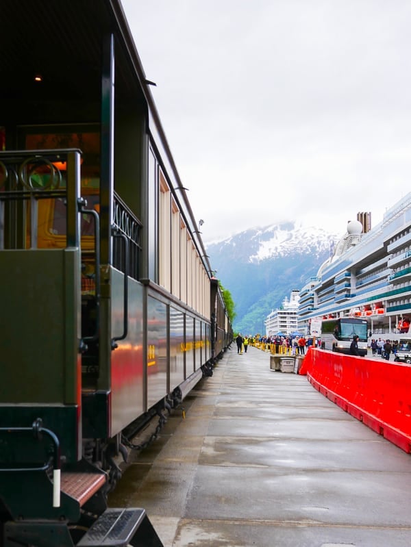 White Pass Scenic Railway next to the cruise ships in Skagway, Alaska.