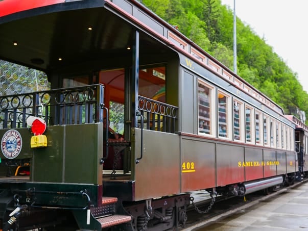 The Luxury Class train car on the White Pass Scenic Railway tour in Skagway, Alaska.