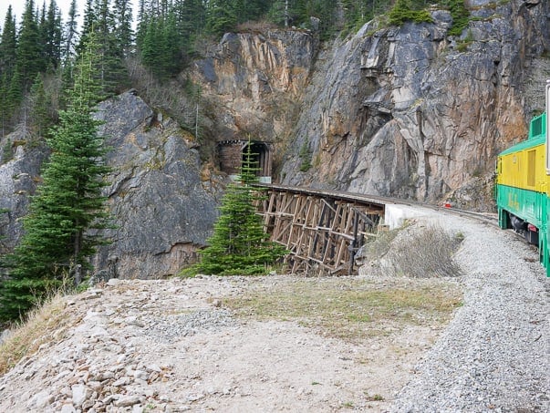 Heading towards a tunnel on the White Pass Scenic Railway in Skagway, Alaska.