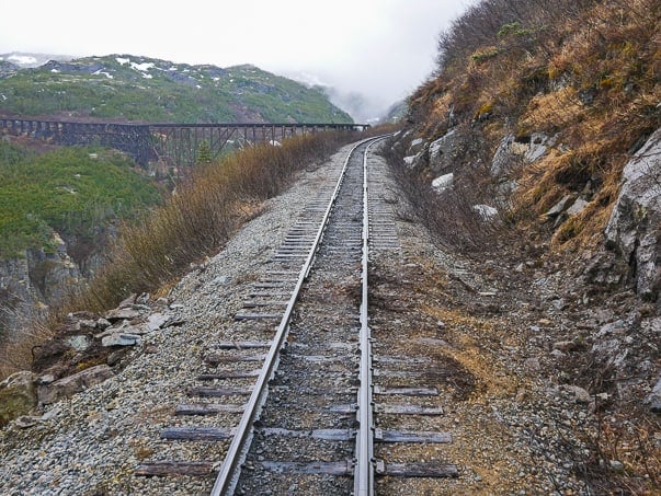 View from back of Luxury Class car on the White Pass Scenic Railway in Skagway, Alaska.