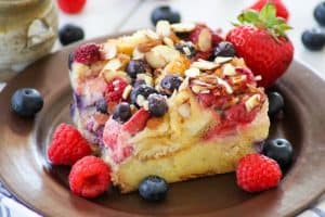 Blueberries, raspberries and strawberries make up this Almond Berry French Toast Casserole.