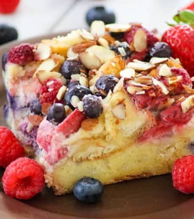 Blueberries, raspberries and strawberries make up this Almond Berry French Toast Casserole.