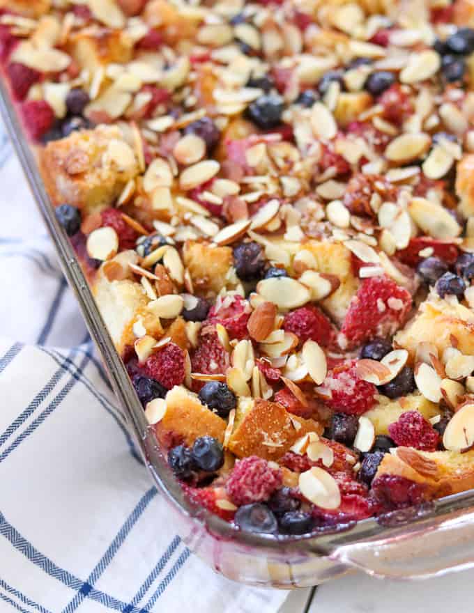A pan of baked Almond Berry French Toast Casserole.