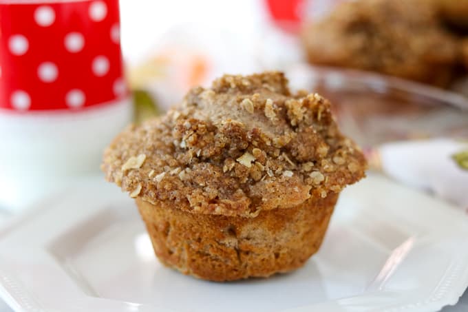 One Apple Streusel Muffin on a plate.