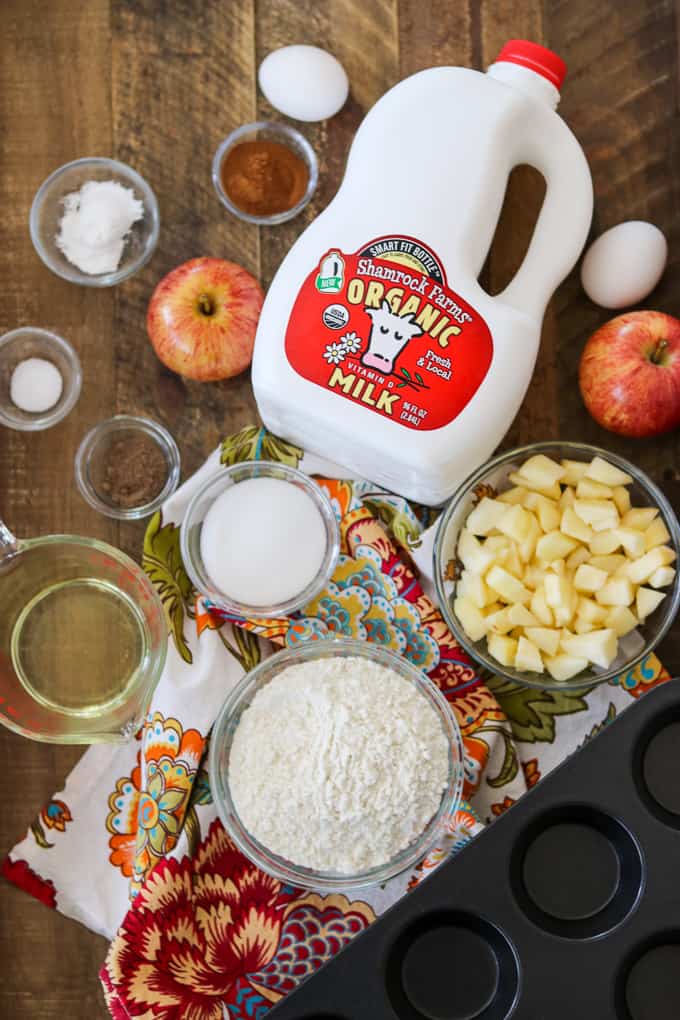 Ingredients needed for Apple Streusel Muffins, including Shamrock Farms Organic Milk.