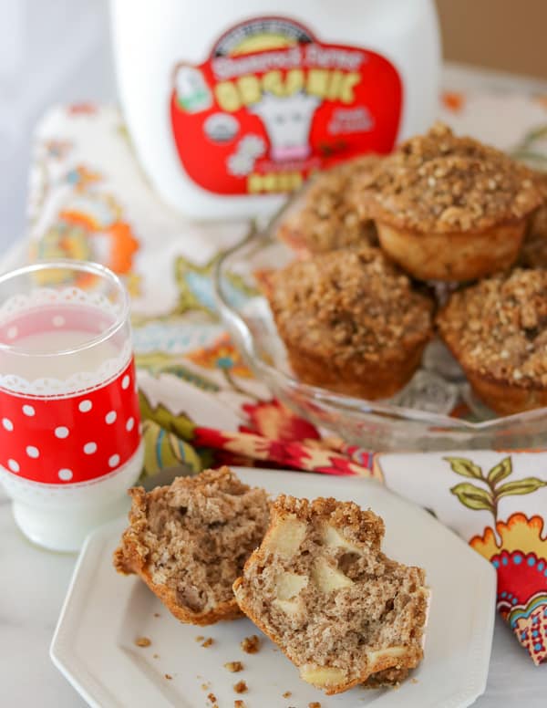 A glass of milk and an Apple Streusel Muffin on a plate.