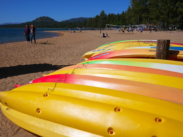 Kayaks on a South Lake Tahoe Beach