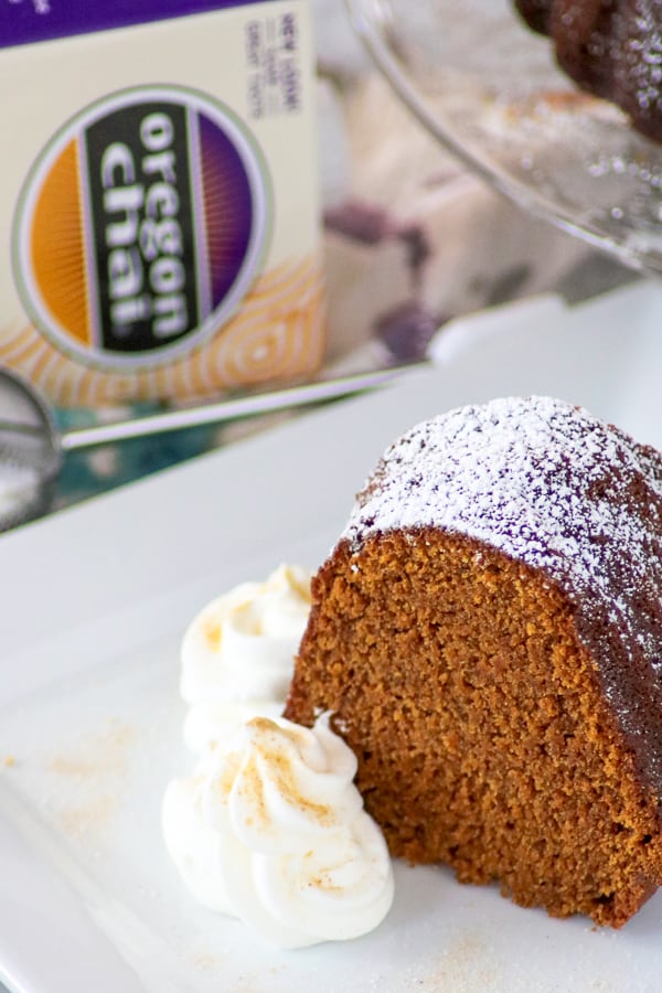 Slice of Chai Spiced Pumpkin Cake with Oregon Chai Concentrate.