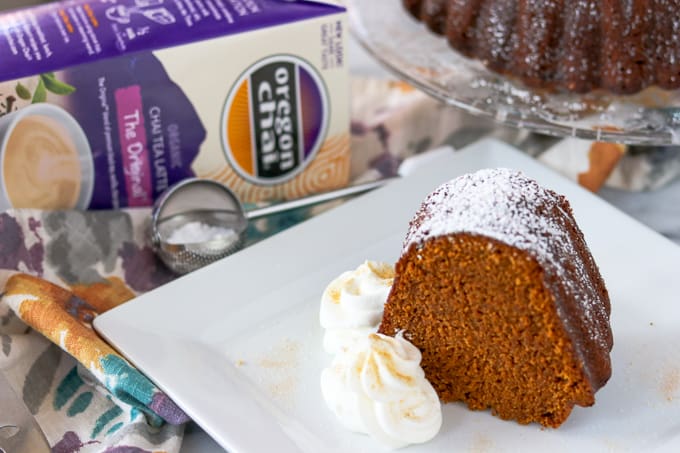 Chai Spiced Pumpkin Cake with Oregon Chai product on side.