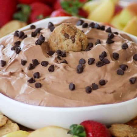 Chocolate Cheesecake Dip with a Mini Chocolate Chip Cookie.
