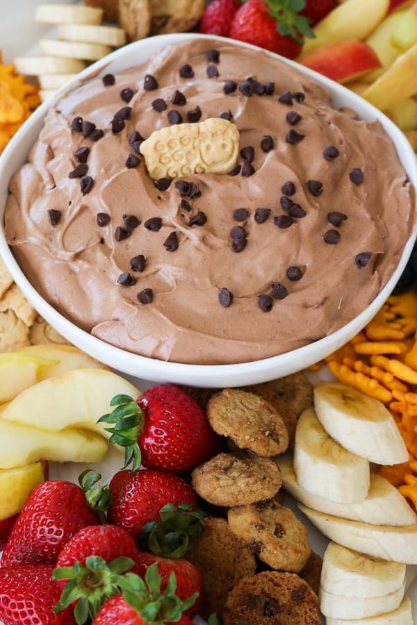 Chocolate Cheesecake Dip with fruit and cookies.