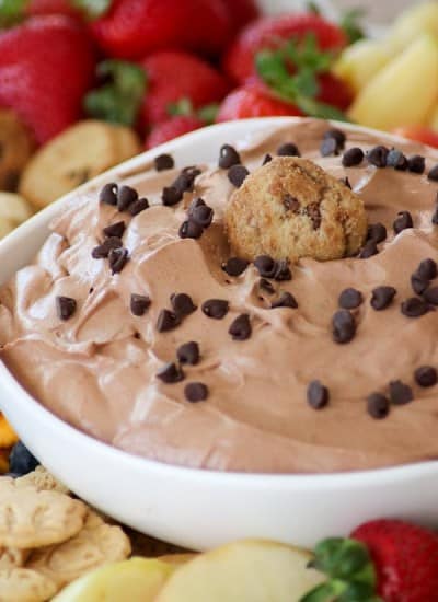 Chocolate Cheesecake Dip with Mini Chocolate Chip Cookie.