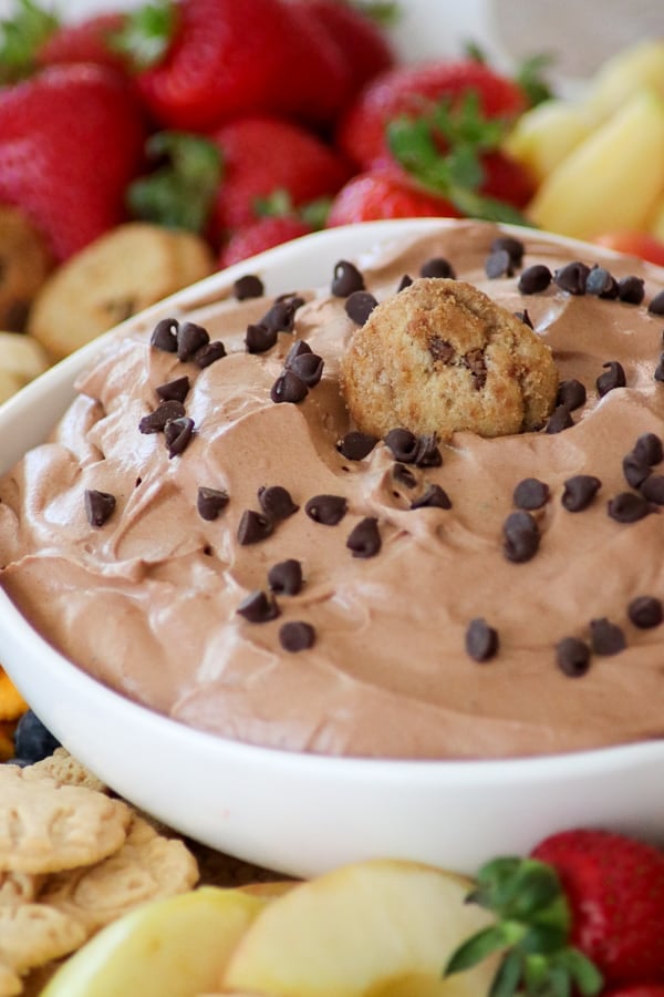 Chocolate Cheesecake Dip with Mini Chocolate Chip Cookie.