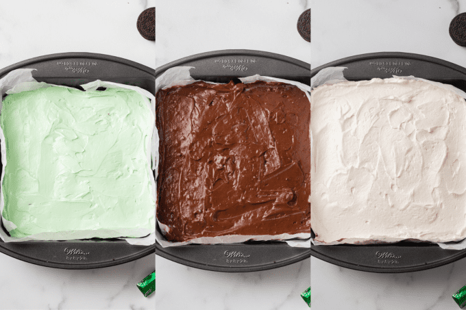 Mint cheesecake, chocolate pudding layer and Cool Whip on top of an easy no bake dessert.