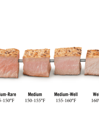 Kabob with pork and recommended cooking temperatures.