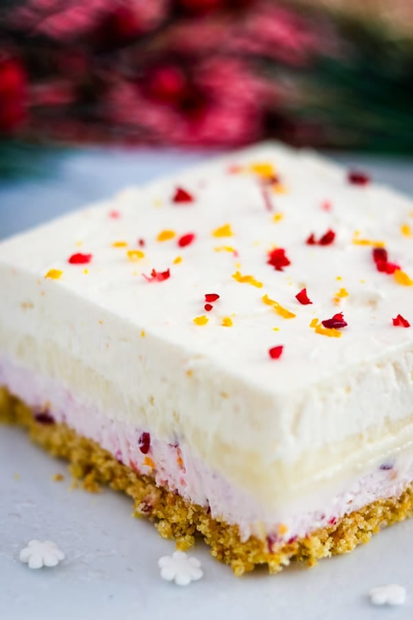 Angled close up of Cranberry Orange Dream Bars.