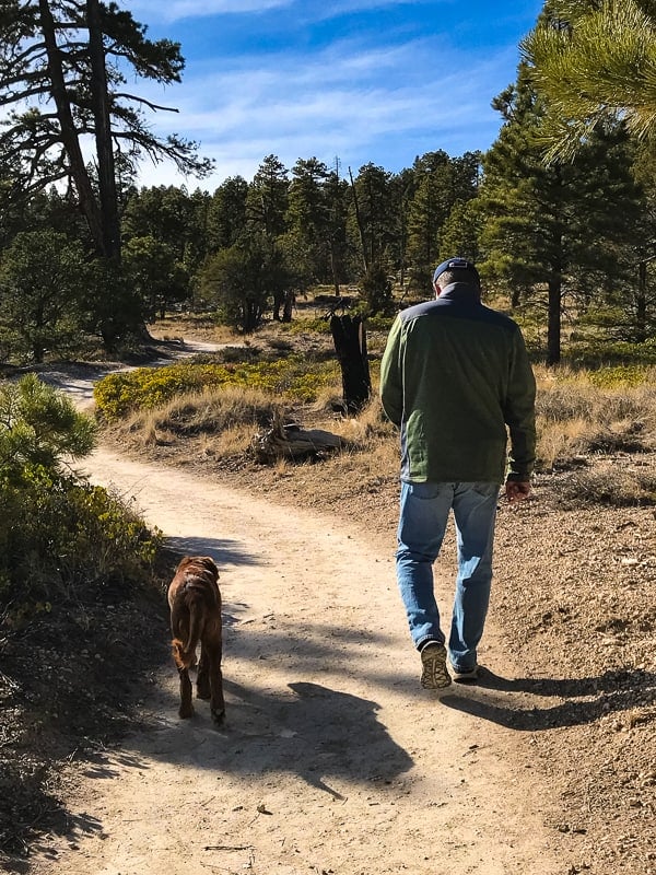 Logan the Golden Dog and dad hiking Bryce Canyon Rim Trail.