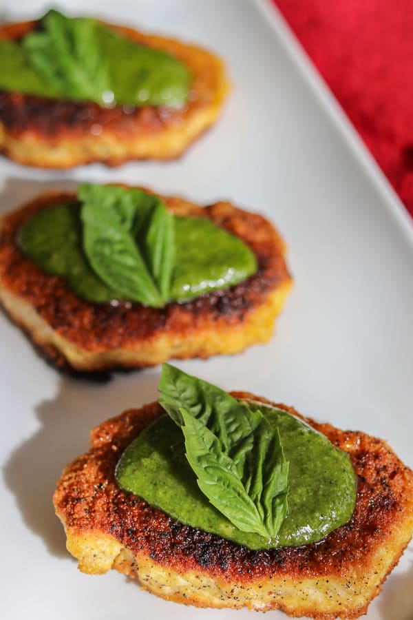 Three Parmesan Pork Chops with Pesto.