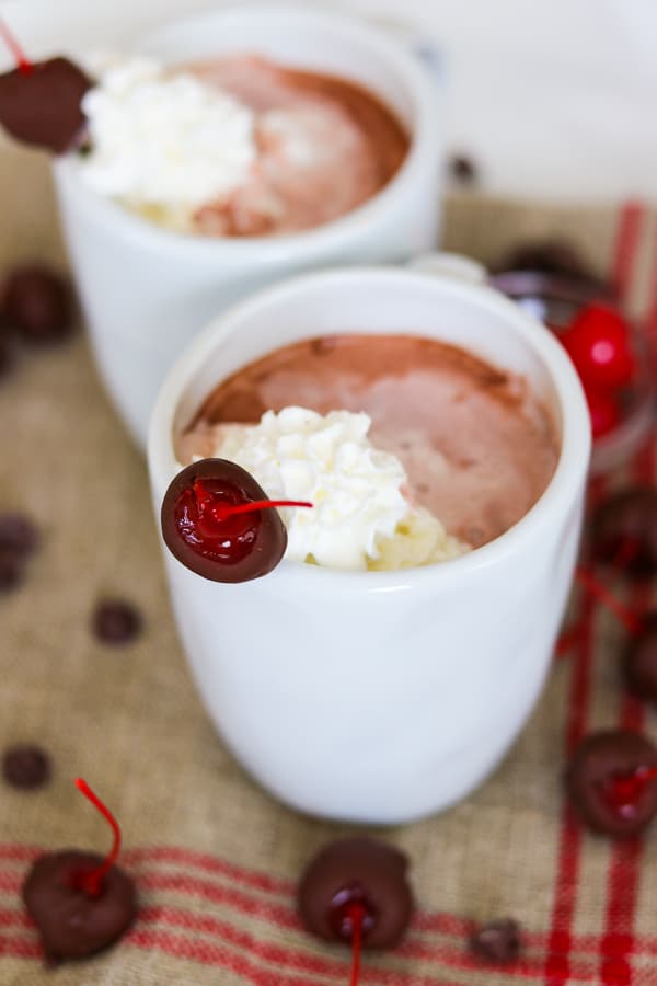 Two mugs of Chocolate Covered Cherry Hot Chocolate.