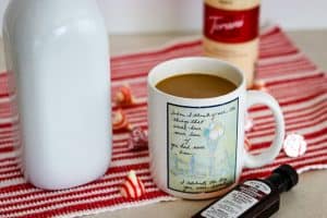 Peppermint White Chocolate Coffee Creamer in a cup of coffee.