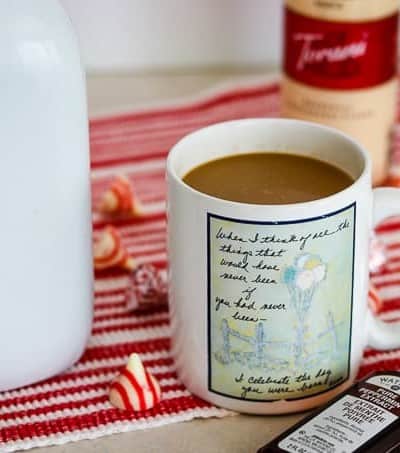 Peppermint White Chocolate Coffee Creamer in a cup of coffee.