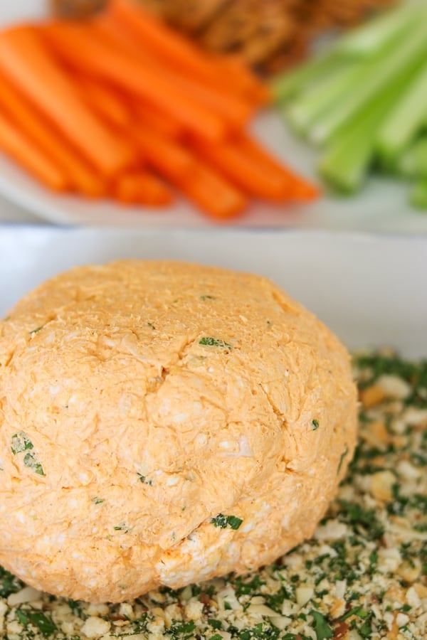 A Buffalo Chicken Cheese Ball ready to be crumb coated.