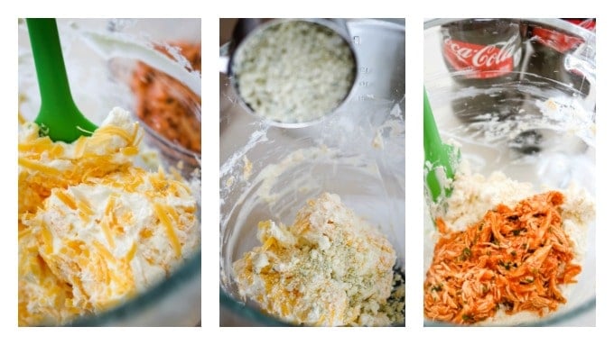 Collage of making a Buffalo Chicken Cheese Ball.