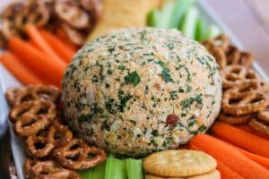 Buffalo Chicken Cheese Ball with carrots, celery, crackers and pretzels.