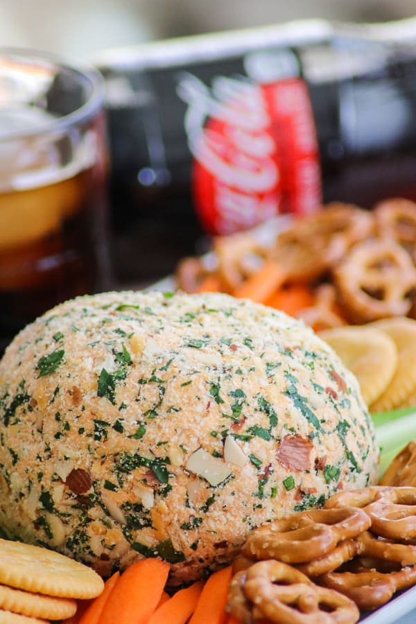 Buffalo Chicken Cheese Ball with Coca-Cola Zero in the background.