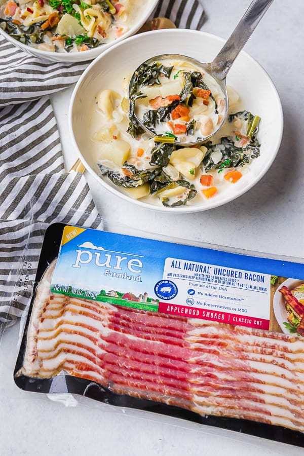Pure Farmland Bacon and a bowl of One Pot Bacon and Tortellini Zuppa Toscana.