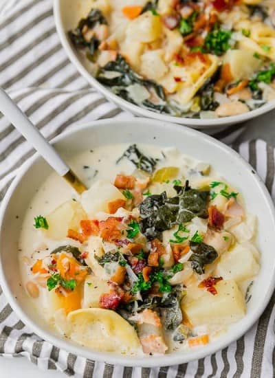 Close up of a bowl of One Pot Bacon and Tortellini Zuppa Toscana.