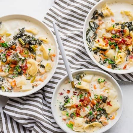 Bowls of One Pot Bacon and Tortellini Zuppa Toscana.
