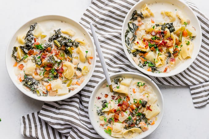 Bowls of One Pot Bacon and Tortellini Zuppa Toscana.