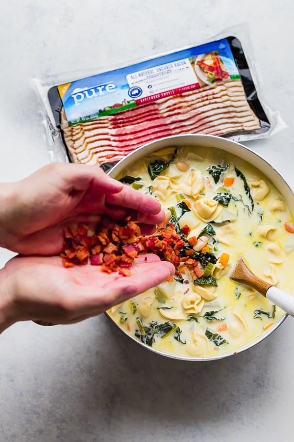 Adding Pure Farmland Bacon to One Pot Bacon and Tortellini Zuppa Toscana.