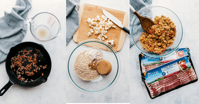 Three pictures of Bacon Caramel Apple Crisp Streusel with Pure Farmland Bacon.