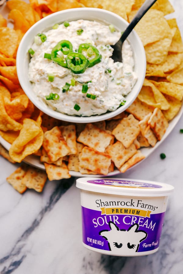 Crackers, Chips, Jalapeño Ranch Dip and Shamrock Farms Sour Cream.