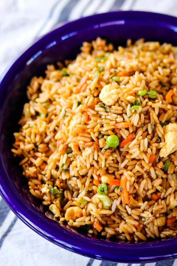 A bowl of Schwan's Vegetable Fried Rice.