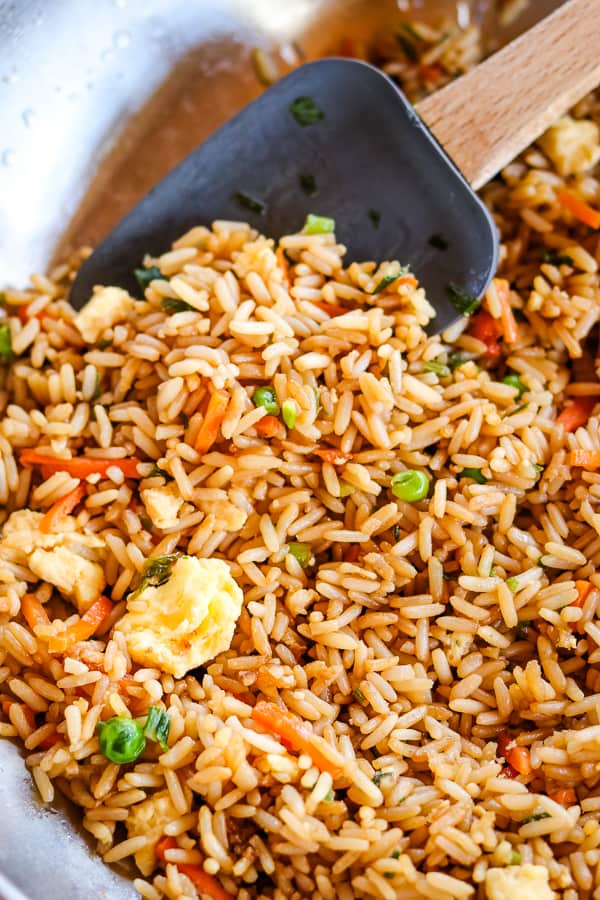 A skillet of Schwan's Vegetable Fried Rice.