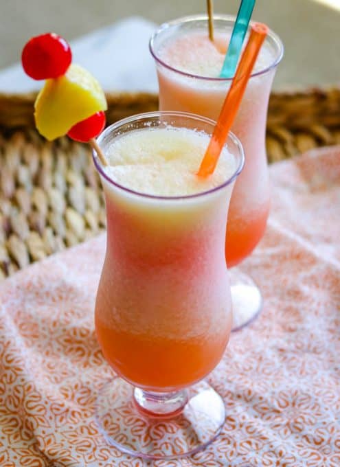 A Frozen Bahama Mama with fresh pineapple and cherries.