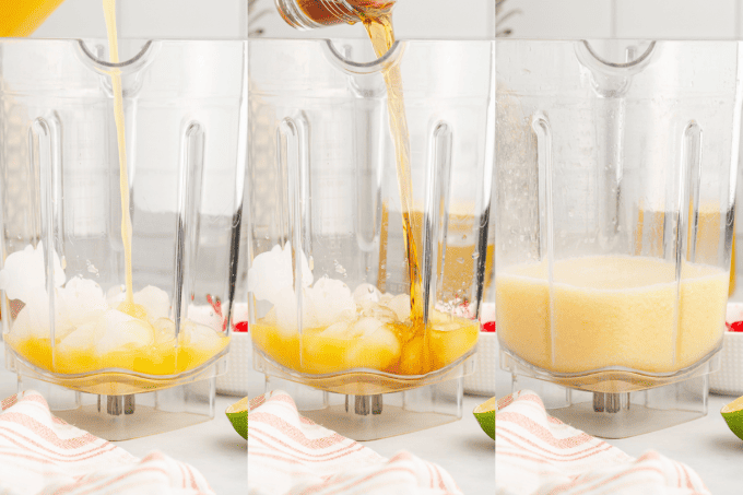 Pouring the ingredients into a blender to make Frozen cocktails with rums and fruit juices.