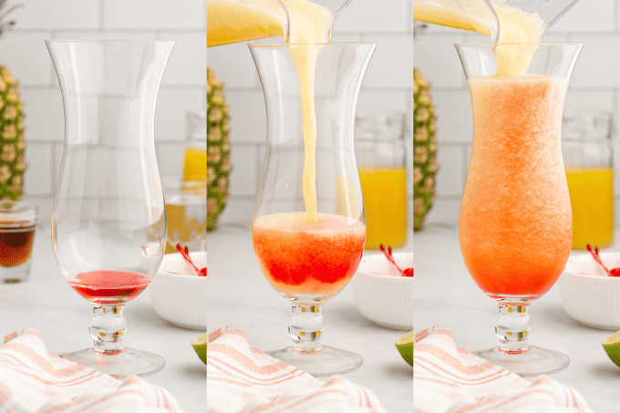 Process photos for pouring a Frozen Bahama Mama over grenadine.