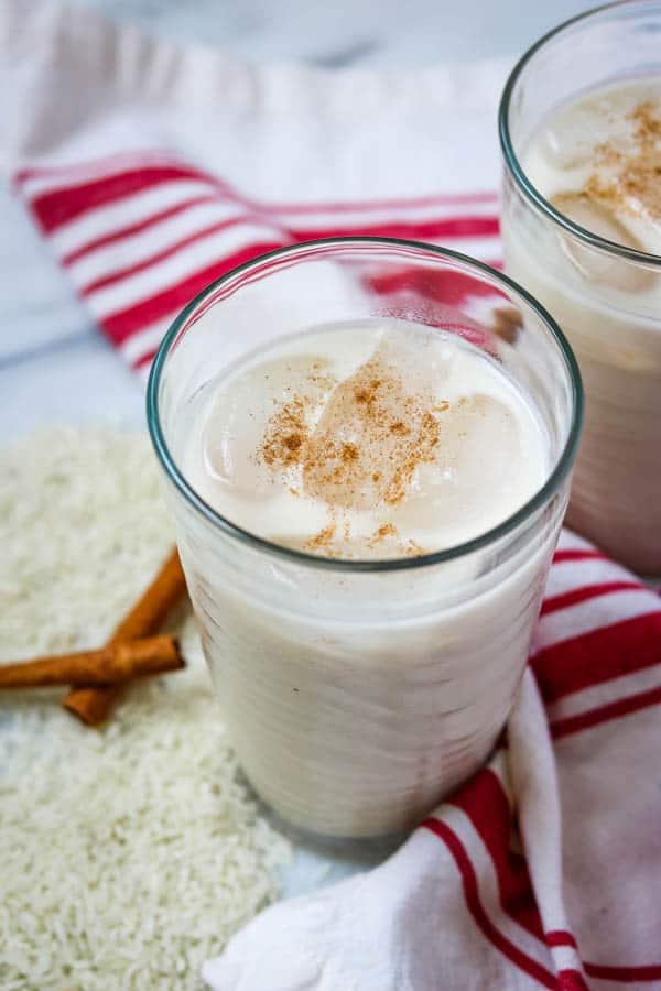 A glass of Horchata, a Mexican rice drink recipe.