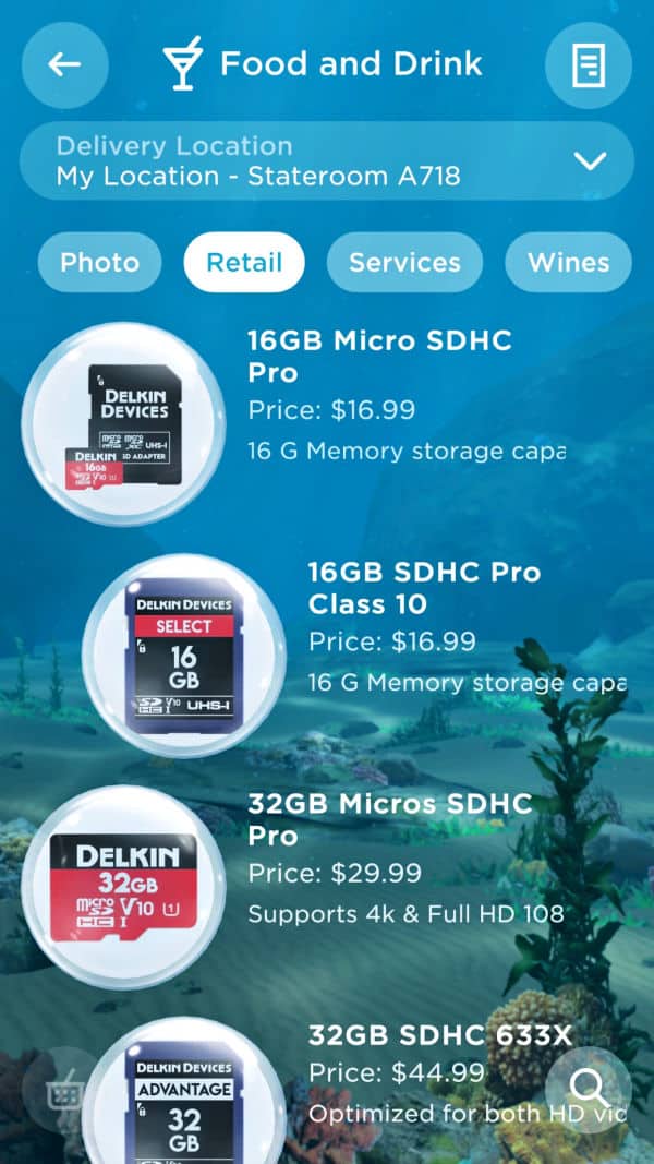 Ordering SD cards with the Princess OceanNow app.