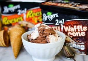 Bowl of Breyer's 2 in 1 Heath and Waffle Cone ice cream.