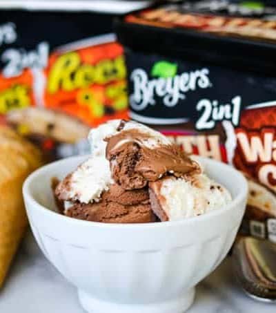 Bowl of Breyer's 2 in 1 Heath and Waffle Cone ice cream.